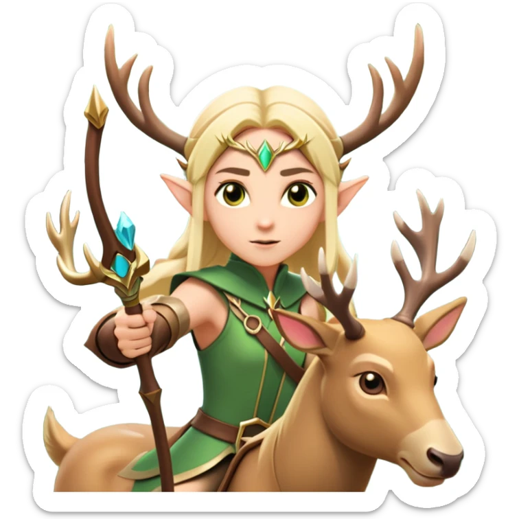 clash-of-clans-aesthetic-blond-elf-archer-portrait-emoji, rendered in a flat, vector-style with minimal shading and bold, simplified shapes, head tilted slightly forward with a determined, focused expression, riding a majestic stag whose luminous antlers glow with mystical energy, set against an ancient, enchanted forest backdrop. sticker