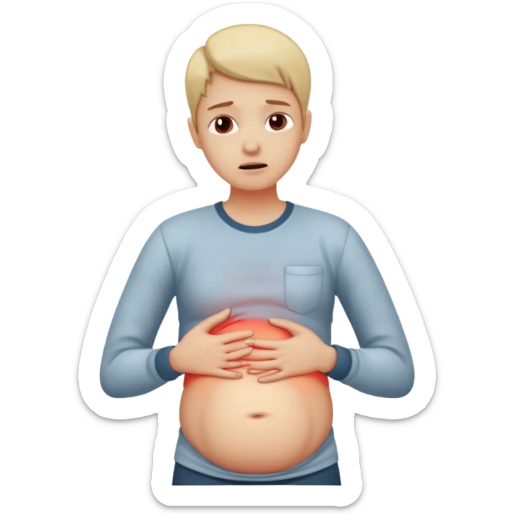 A person wearing casual clothes, holding their stomach with one hand, showing visible discomfort. A red glow appears over the abdominal area to indicate pain. Realistic medical illustration style, clean white background, focus on body language expressing stomach ache or cramps. sticker