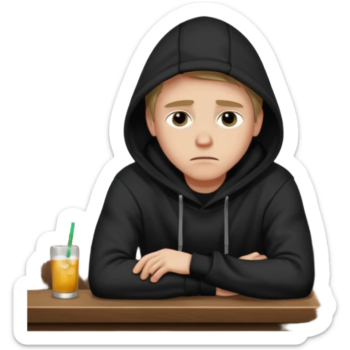 Caucasian in black hoodie coat sitting sad at bar leaning on arm sticker