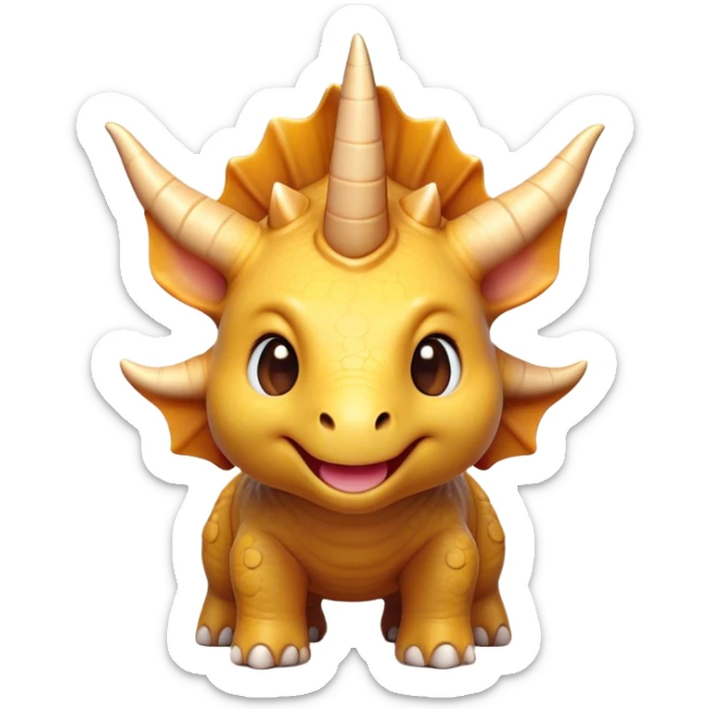 Cinematic Cute Triceratops Portrait Emoji, Head tilted playfully with a gentle smile, featuring a compact, sturdy body with three adorably prominent horns and a charmingly frilled head, Simplified yet irresistibly adorable features, highly detailed, glowing with a warm, inviting earthy glow, high shine, affectionate and lively, stylized with a touch of whimsical dinosaur charm, soft glowing outline, capturing the essence of a mischievous yet endearing Triceratops that seems as if it could trot out of the screen into your arms! sticker
