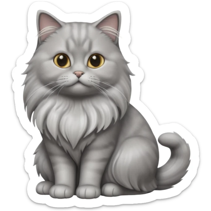 A 3D cartoon silver-gray British Longhair cat with flowing fur and soft reflections, calm sitting pose, Memoji-style rendering. full body or half body. sticker