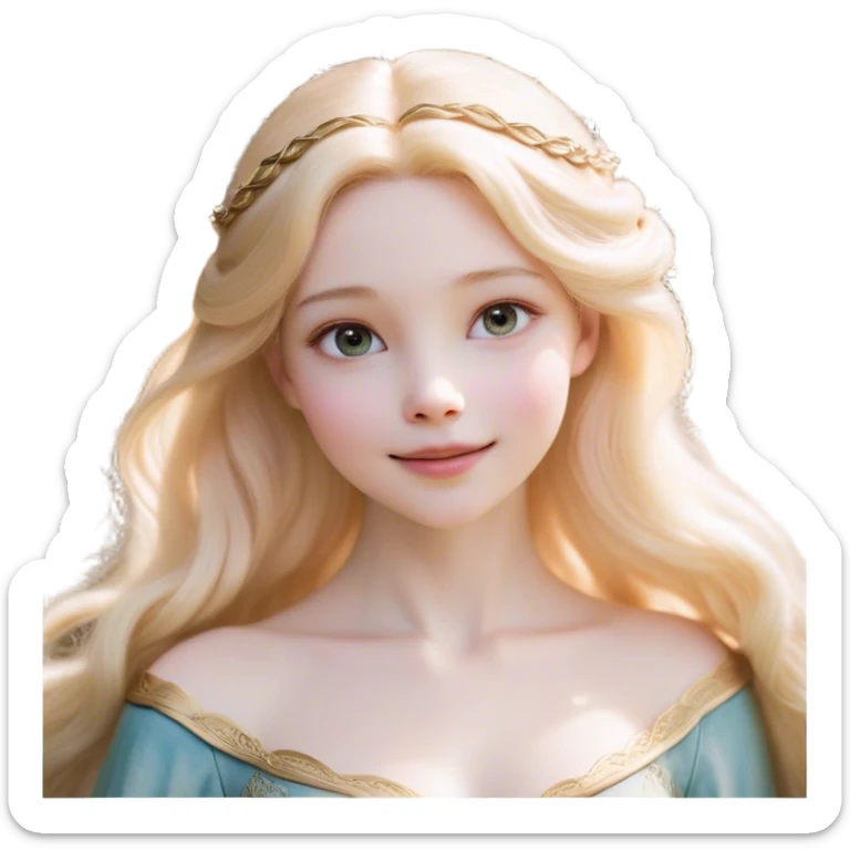 Cinematic Realistic Sleeping Beauty (Aurora) Portrait, with porcelain-like skin featuring a natural rosy flush, illuminated by soft lighting that highlights the gentle contours of her face. Her golden blonde hair flows in soft, detailed waves with subtle highlights that shimmer in the light. Her deep violet-blue eyes radiate warmth and innocence, framed by arched brows and long lashes. With a soft, serene smile, she holds a delicate rose gently in one hand, her other hand resting lightly by her side. She is dressed in her classic pink gown, the fabric rich in texture with delicate folds that catch the light. A golden crown rests atop her head, gleaming with royal refinement. The portrait captures a soft, glowing aura, blending realism with an ethereal sense of beauty and timeless enchantment. sticker