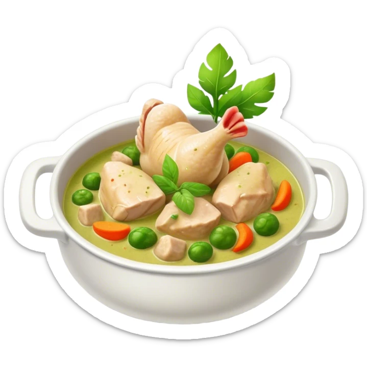 Green Chicken Curry Cinematic Realistic Green Chicken Curry Dish Emoji, depicted as tender chicken chunks simmered in a fragrant green curry sauce with vegetables, rendered with vivid textures and dynamic, vibrant lighting. sticker