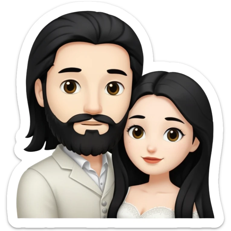 couple of newlyweds hugging, white skin man with black hair and beard; white skin woman with long black hair and black eyes sticker