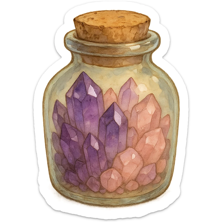 amethyst and rose quartz crystal pieces in a jar, natural colors, soft, fairy-like atmosphere, no background, square size sticker