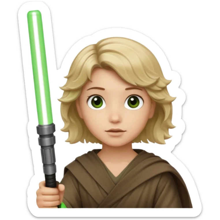 Young jedi with sandy blonde wavy short hair holding a green light saber. With brown eyes sticker