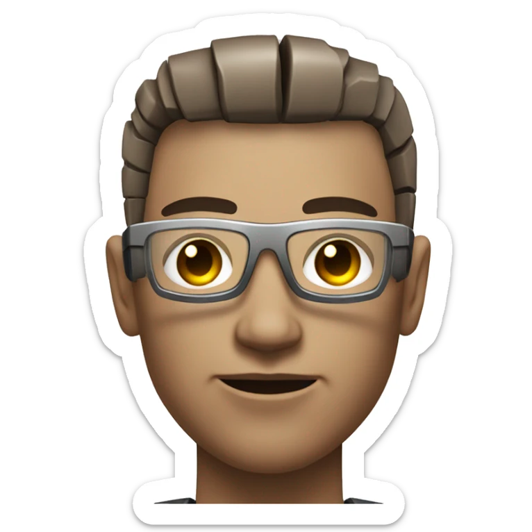 Male cyborg with metallic plated face, brown flat top haircut, glasses and circuitry sticker