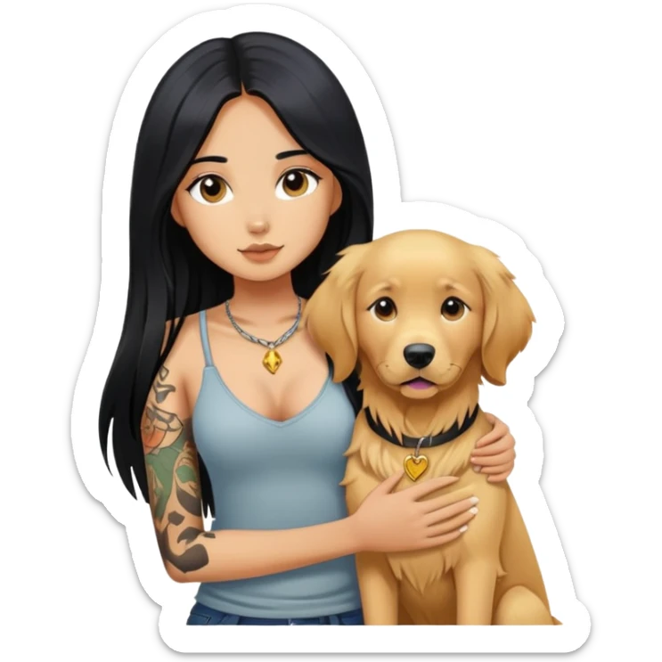girl with long black  straight hair and chest tattoos and  a golden retriever sticker