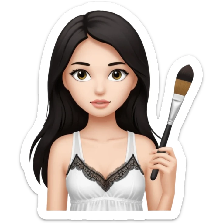 Dark long hair girl wearing white victorias secret sleepwear that looks like a tank top with lace is holding a normal makeup brush. sticker