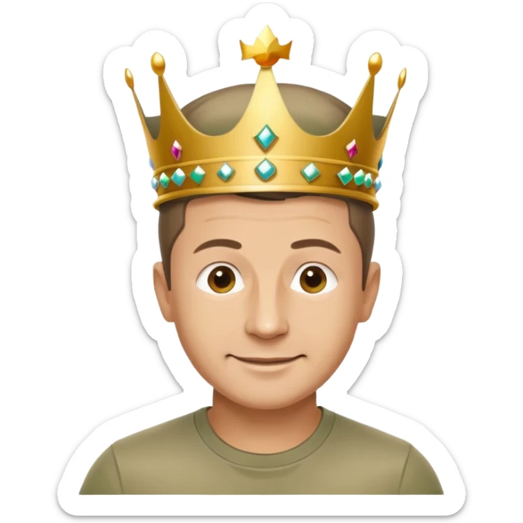 Happy Vladimir Zelensky in a T-shirt and a khaki shirt with a crown on his head sticker