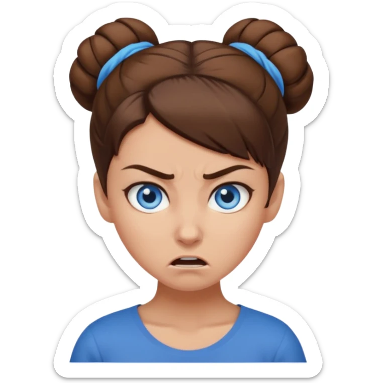 Girl with blue eyes, brown hair in a brown bun, no bangs, angry sticker