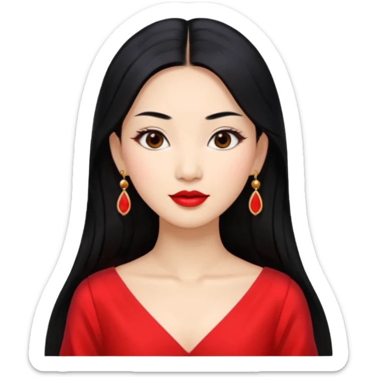 30 yr old asian woman, center part straight long black hair, very pretty, fancy dress, earings, red lipstick sticker