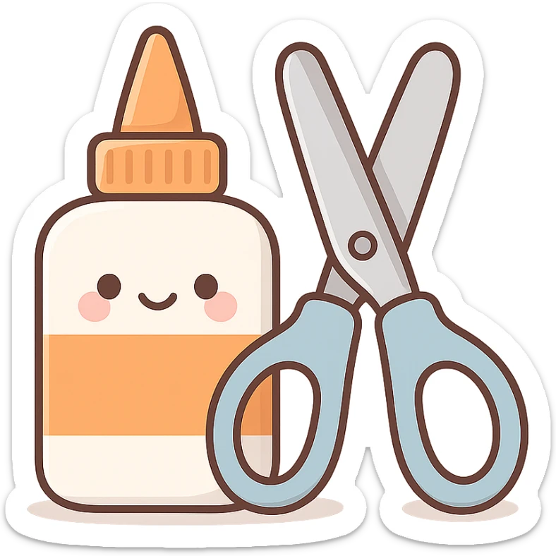bottle of glue with orange label and tip and a pair of blue scissors, flat toon vector illustration, kawaii minimal sticker