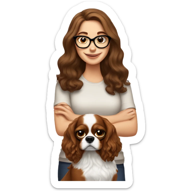 White girl with brown hair wearing glasses holds a king charles spaniel dog sticker