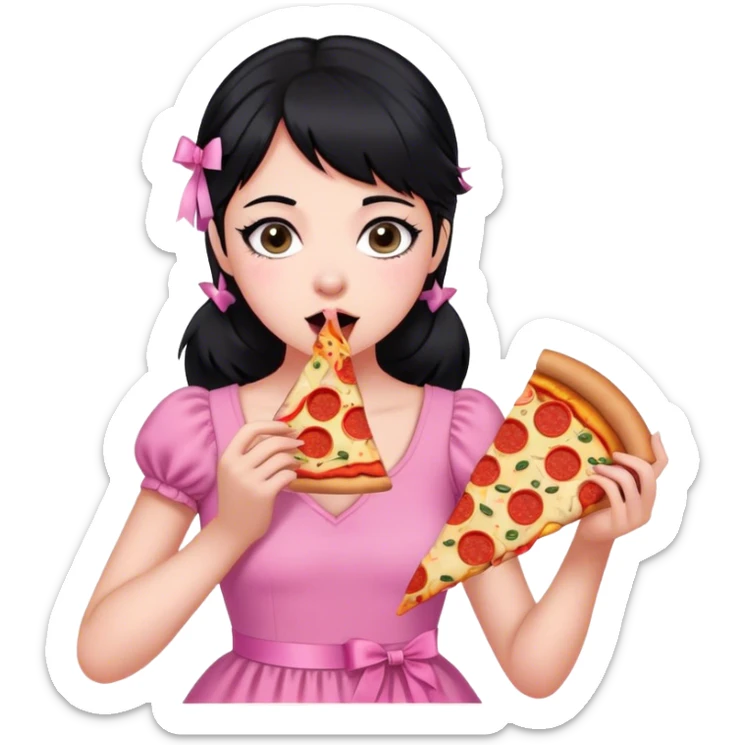 girl with black hair wearing pink and ribbons eating pizza sticker