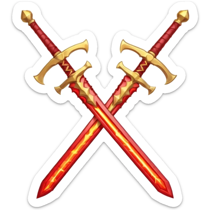 Two crossed swords that are golden in blade and handle and have fiery and royal appearence to them as well as red gem stones sticker