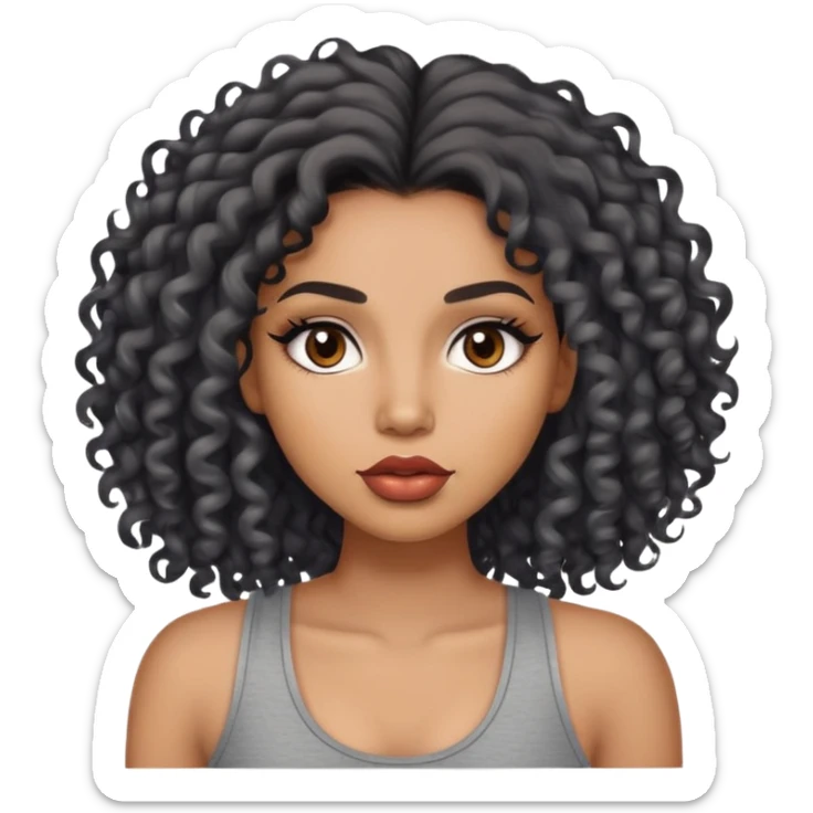 light brown skin tone, very beautiful woman, with big plump lips, long long lashes, black curly long hair, brown eyes, grey tank top sticker