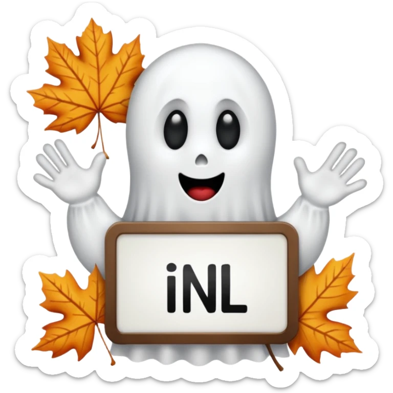 Cartoon ghost holding a sign that says “episode” in black uppercase letters. The ghost should be white and the board should be white with fall leaves around the boarder  sticker