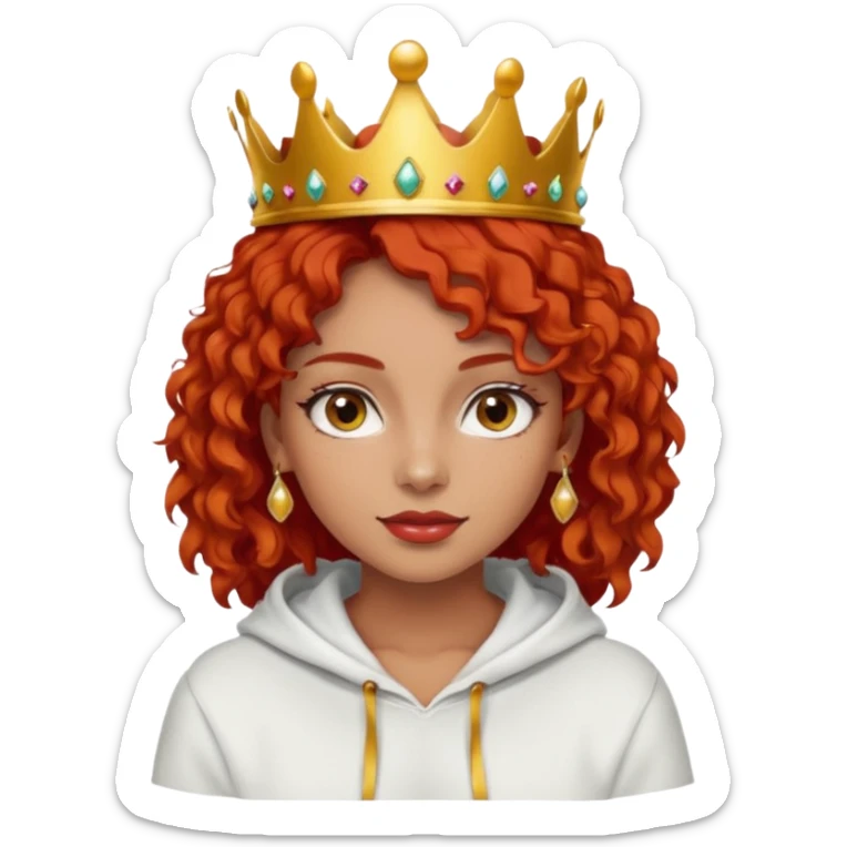 
Slim girl with a fine face, dark and tanned skin, medium-length curly tomato-red hair, dark eyes, medium-thick eyelashes, and a crown and earrings, wearing a white hooded sweatshirt. sticker