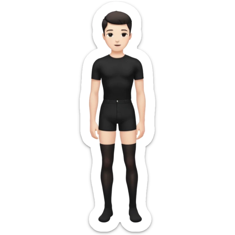 Male in his 20s, clean shaven, feminine look, wearing black thigh highs, black crops, black feminine shorts, is a femboy.   sticker