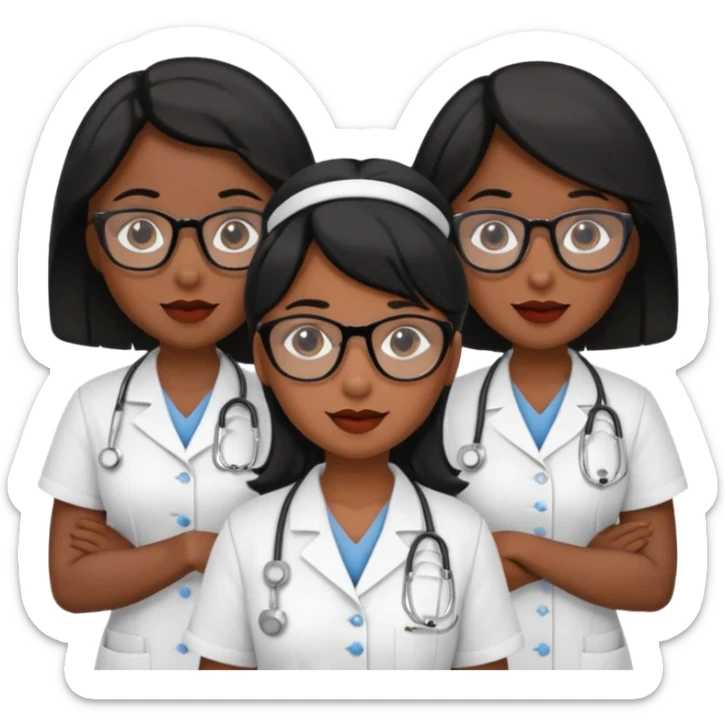Genera un emogis de 4 enfermeras pelinegra juntas, entre ellas una con un lunar encima del labio y otra con lentes sticker