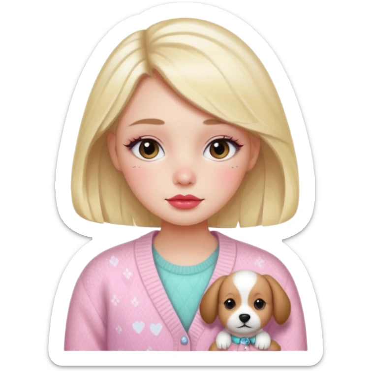 “Emoji girl, dewy skin, flushed blush across cheeks and nose, glossy cherry lips, soft puppy eyeliner, slightly teary sparkling eyes, wearing pastel cardigan.” sticker