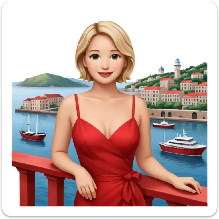 jennifer lawrence, red dress leaning on a balcony with a harbor and cityscape in the background, smiling, closeup sticker
