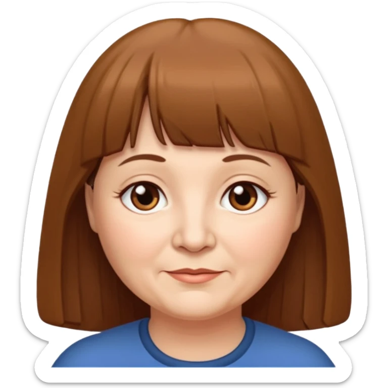 60 yr old woman, very small brown eyes, long straight brown hair, bangs, chubby sticker