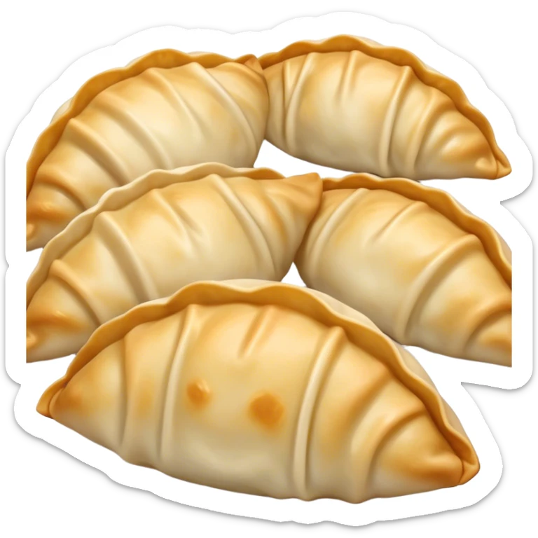 Gyoza Cinematic Realistic Gyoza Dish Emoji, depicted in a close-up view of 1 to 2 delicate dumplings with a crisp, golden exterior and savory filling, rendered with exquisite detail and dynamic lighting. sticker