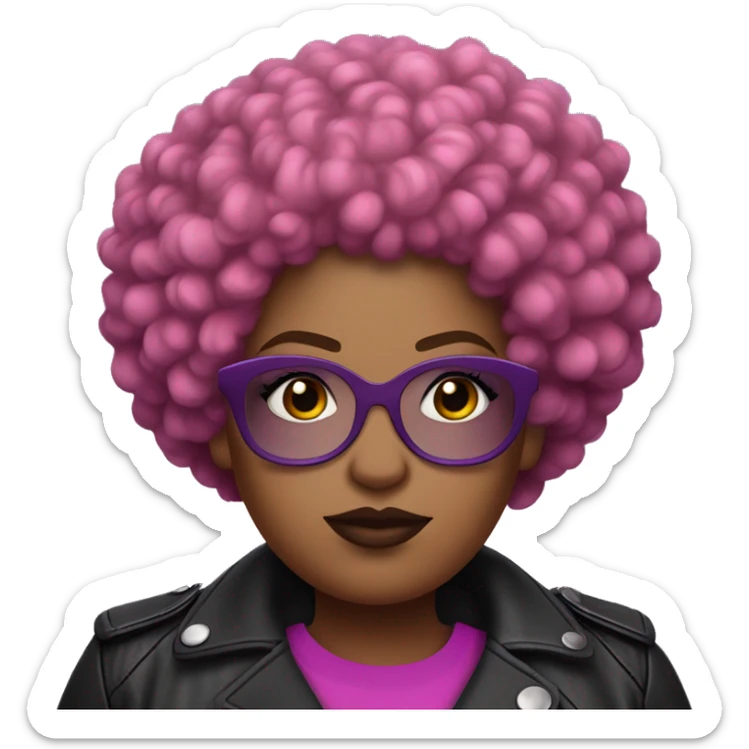 Plus size black woman with very short pink curly afro and a purple leather biker jacket with makeup on face. sticker