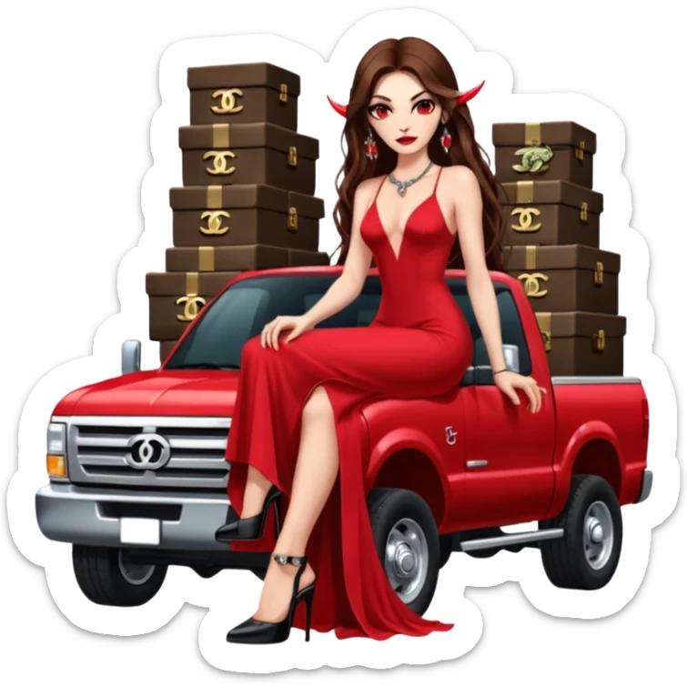 Lilith symbol red eye seductress evil long brown haired sexy succubus woman. Wearing Chanel  long dress with slit, sitting on top of a  giant lifted F350 pickup truck. Black Platform heels on feet. Back of truck full of stacks of cash, sitting behind her is  ahold stacks sticker