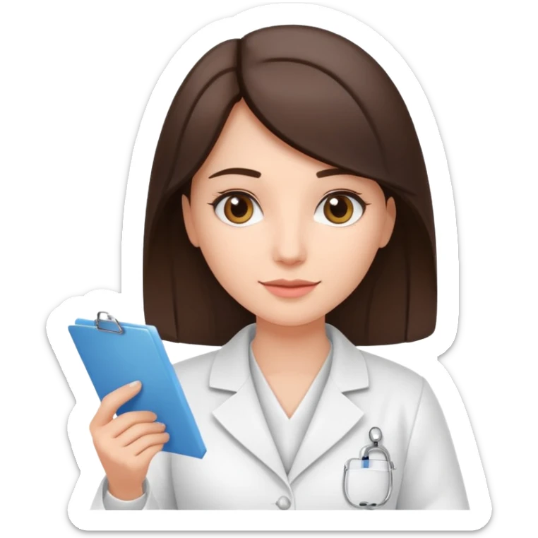 Brunette pharmacist with a gown and a prescription paper sticker