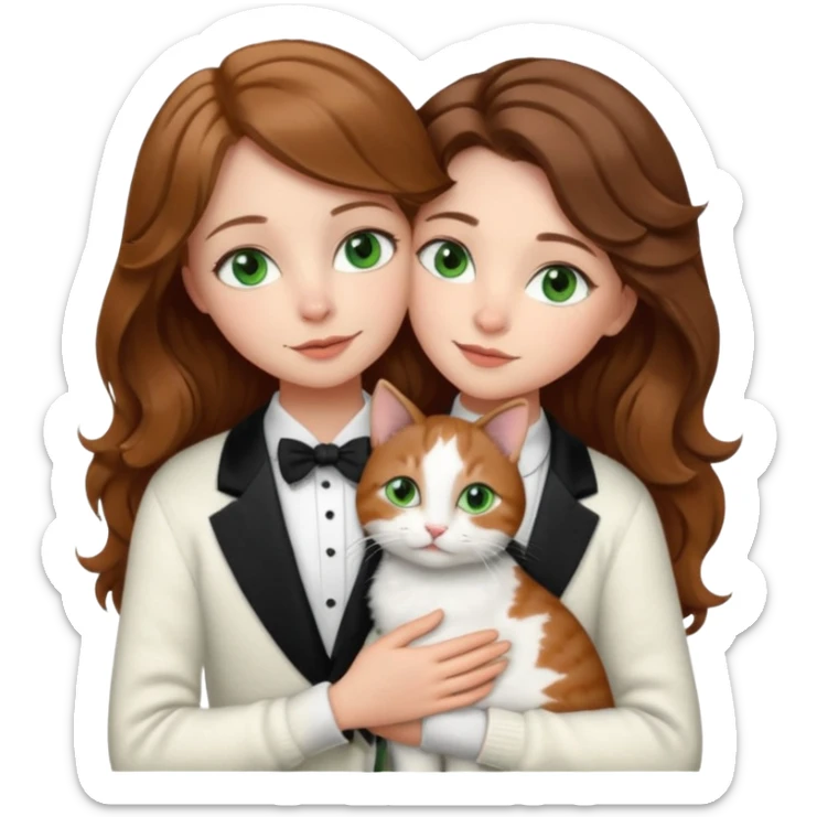 A pretty white girl with hazel brown eyes and brown wavy hair in a cosy white knit sweater, hugging a black and whitebtuxedo cat with green eyes sticker