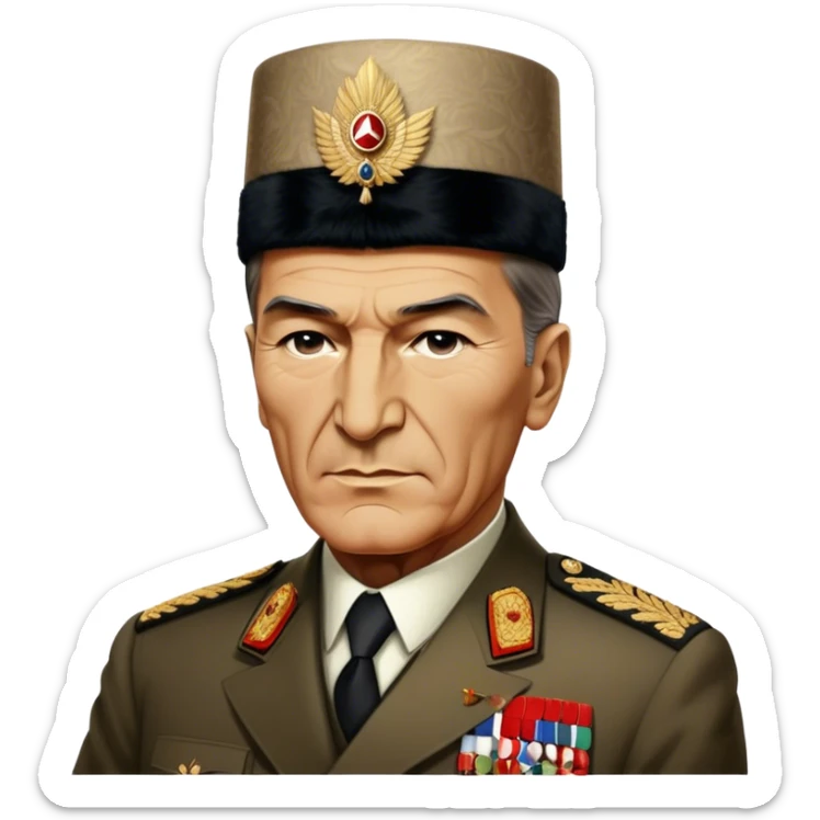 Mustafa Kemal Atatürk (statesman) in traditional hat – Cinematic Realistic Portrait of Mustafa Kemal Atatürk, depicted in dignified traditional attire with a distinctive hat, a resolute and visionary expression illuminated by warm, historic lighting, rendered with rich textures that evoke his transformative leadership. sticker