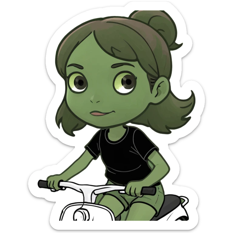 Tan girl with brown hair, riding scooter in black shorts sticker