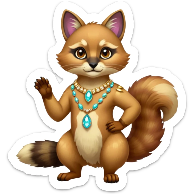 exotic shiny sparkly colorful fantasy-Cacomistle-tanuki-oncilla-caracal-animal-hybrid (full body) wearing jewelries and accessories and apparels sticker