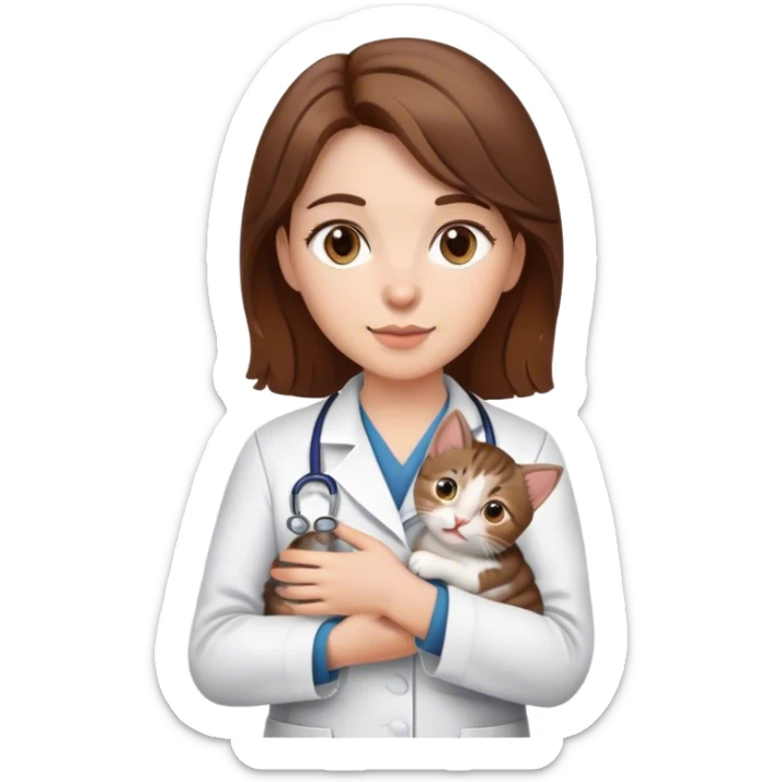 female veterinarian with brown hair and brown eyes holding a kitten sticker