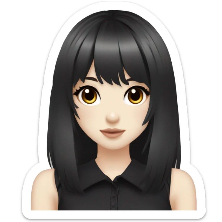 hime gyaru girl, pale skin with brown eyes and black hair with bangs, dark makeup, black shirt sticker