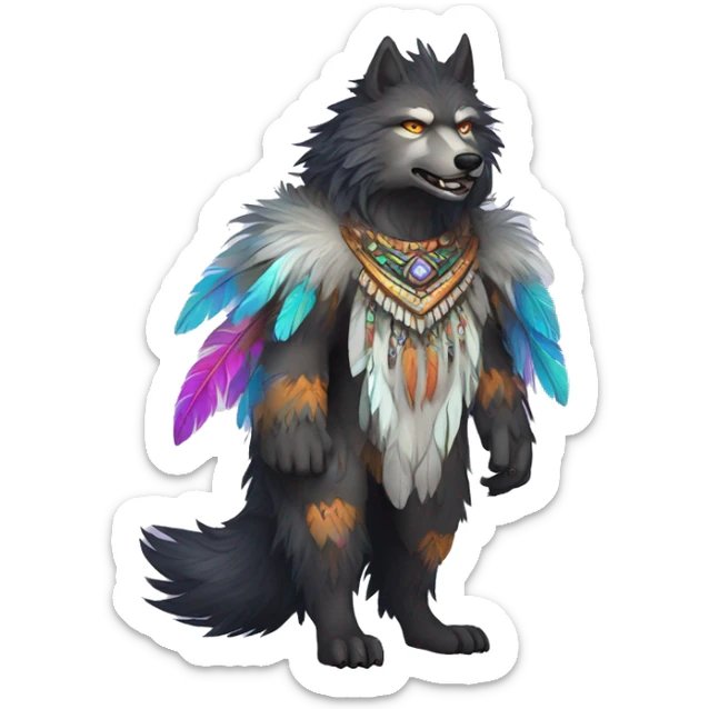 Fluffy Colorful Shy Spiritual Shamanic WereWolf With Shiny Tribal Markings wearing feathers Full Body sticker