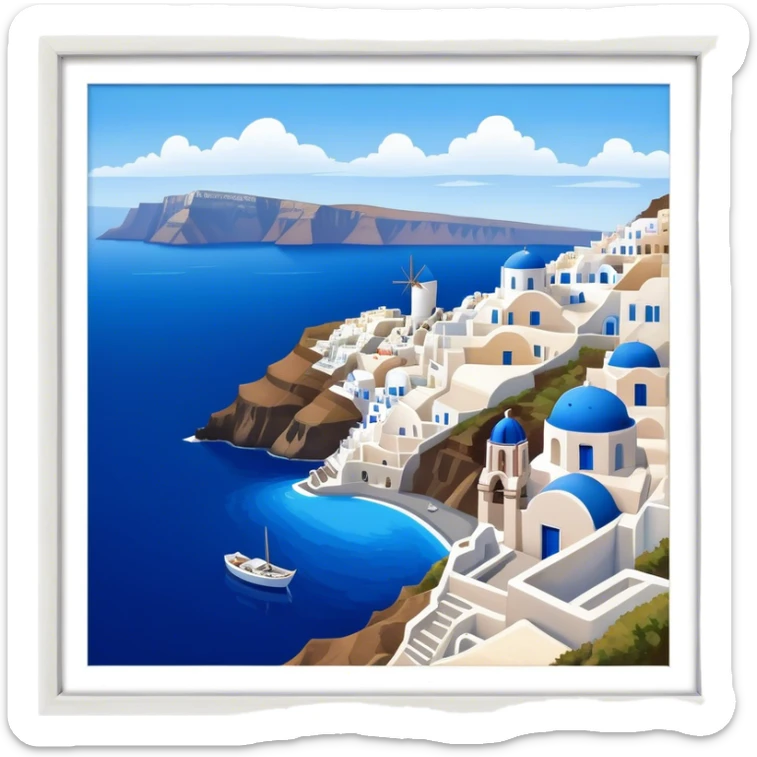 Cinematic Realistic Santorini Caldera Landscape Emoji, depicted with dramatic white‚Äêwashed cliffs overlooking a deep blue sea rendered with crisp textures and radiant lighting. sticker