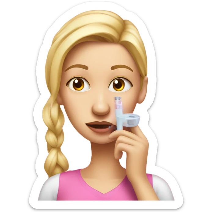 londe woman with fever taking temperature in ear , pink realistic sticker