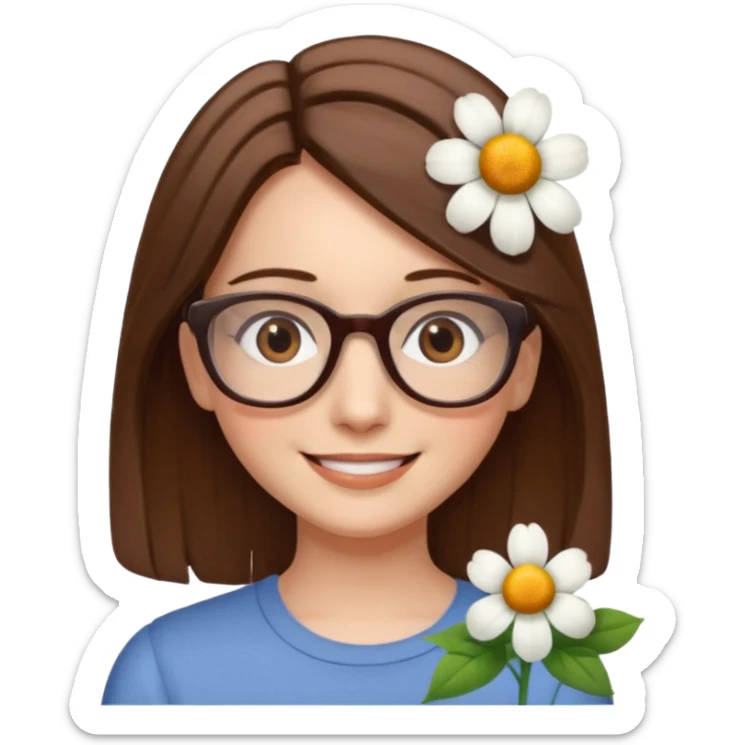 Hawaii female with fair skin. Shoulder length straight brown hair. Brown eyes with glasses. Flower in hair sticker
