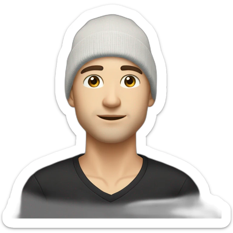 man caucasian shaved head hazel eyes stubble wearing a slouchy beanie and a black v-neck t-shirt sticker