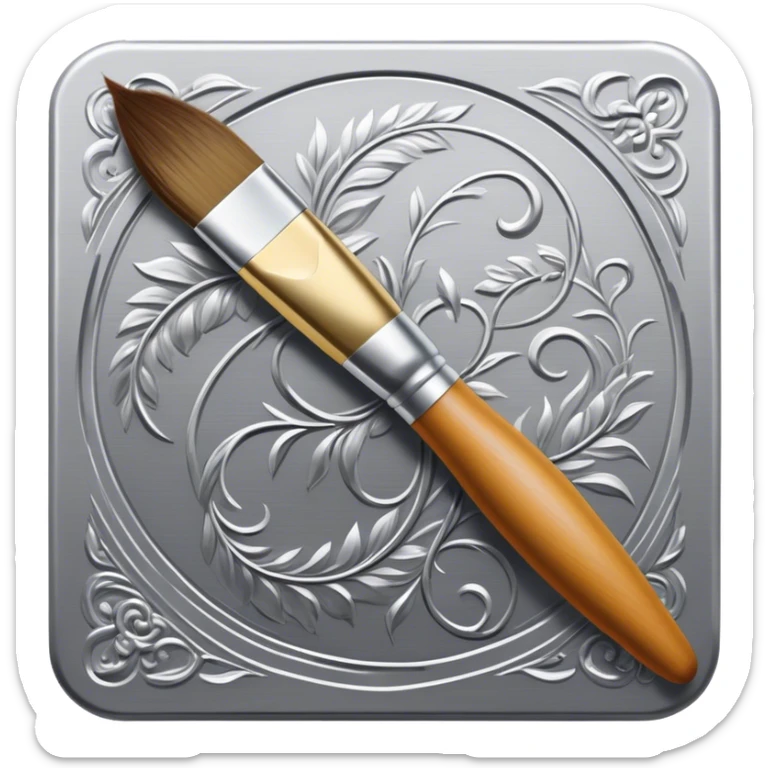 Metal painting icon, detailed hand-painting of a metal surface using a fine brush, visible brush strokes and intricate patterns being applied, no finished artwork, just the painting process, minimalistic style, clean lines, transparent background. sticker