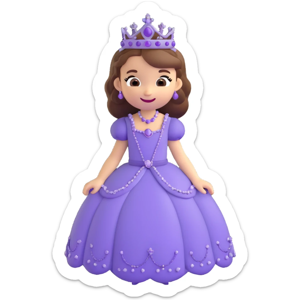 Sofia the First as a 3D emoji, wearing her signature purple dress and tiara, smiling, cute and friendly sticker