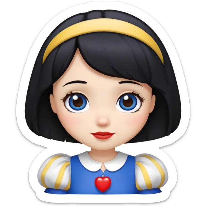 A cute chibi-style emoji of Snow White, with a slightly darker skin tone, short black bob haircut, no apple in her hand, wearing her iconic blue and yellow dress with puffed sleeves and red accents. Inspired by the 2025 Disney Snow White live-action look. Big round eyes, small smile, kawaii facial expression. Simplified details for emoji use, smooth vector lines, soft shading, white background, head slightly larger for cuteness. sticker
