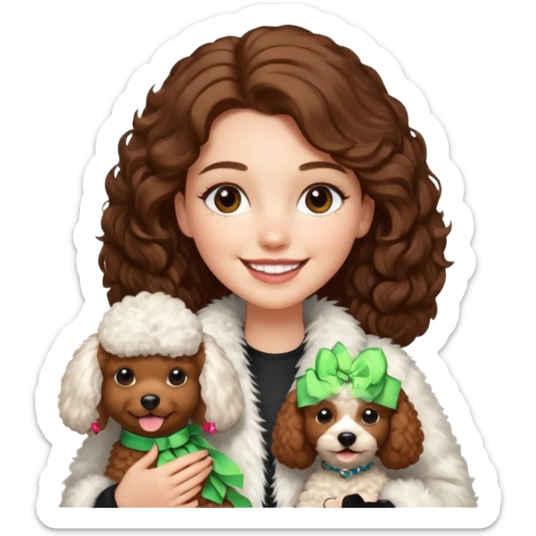 A white girl smiles a broad smile. She parts a long brown hair in middle. and she wears a white fur jacket. She also holds a brown poodle. sticker