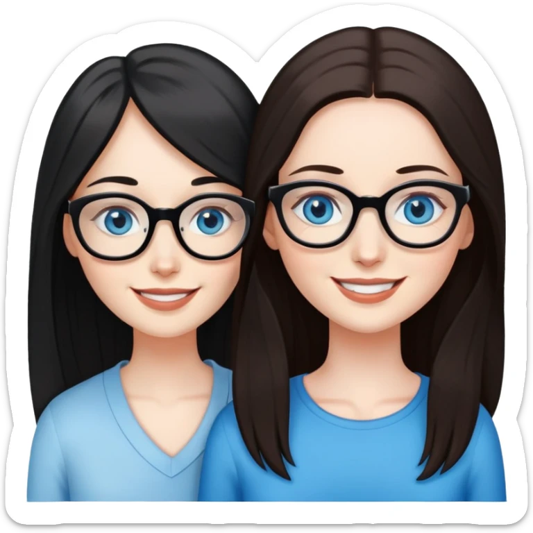 White skin long black haired woman with blue eyes and a white skin long brown haired woman with blue eyes and glasses in love sticker