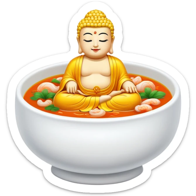 Buddha Jumps Over the Wall luxury soup with seafood and premium ingredients, simplified emoji style with bold outlines and bright colors, cartoon style famous Chinese delicacy sticker