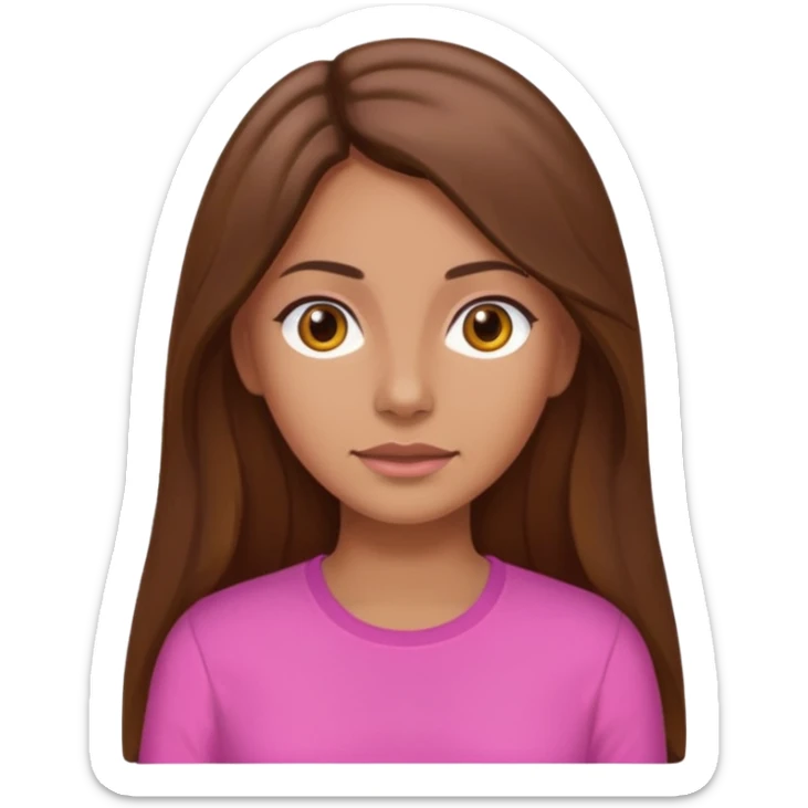 A tan woman with long brown hair and brown eyes with a pink shirt and her hair is in a middle part sticker